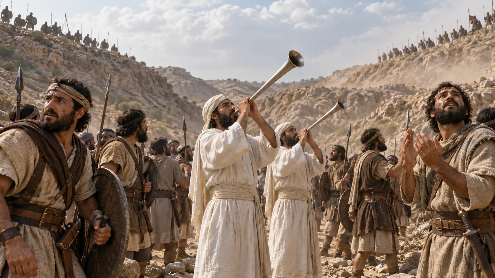 Surrounded by enemies, Judah cries out while the priests sound the trumpets.