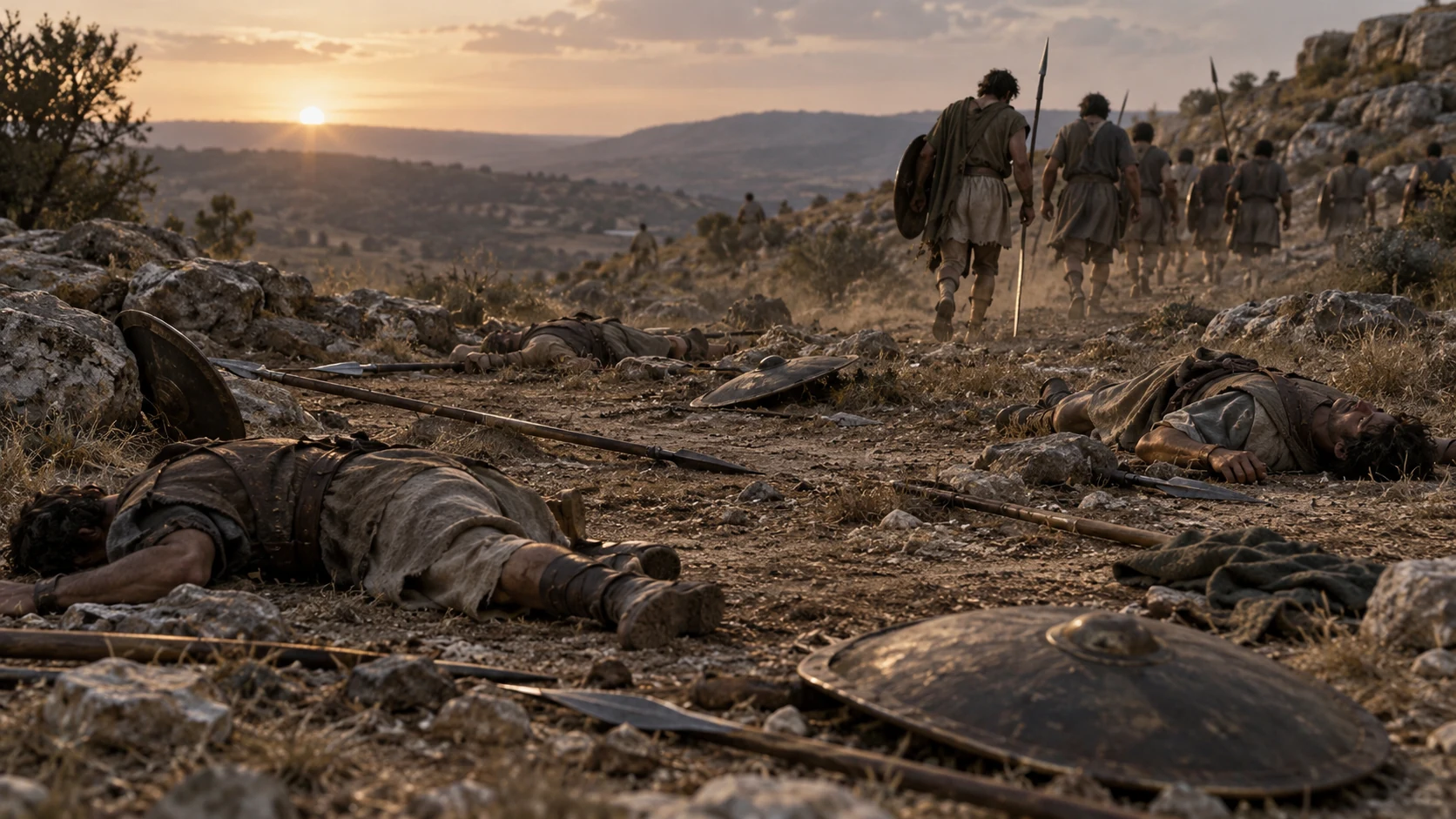 Scattered equipment and motionless fallen warriors convey the cost of Israel’s great loss.