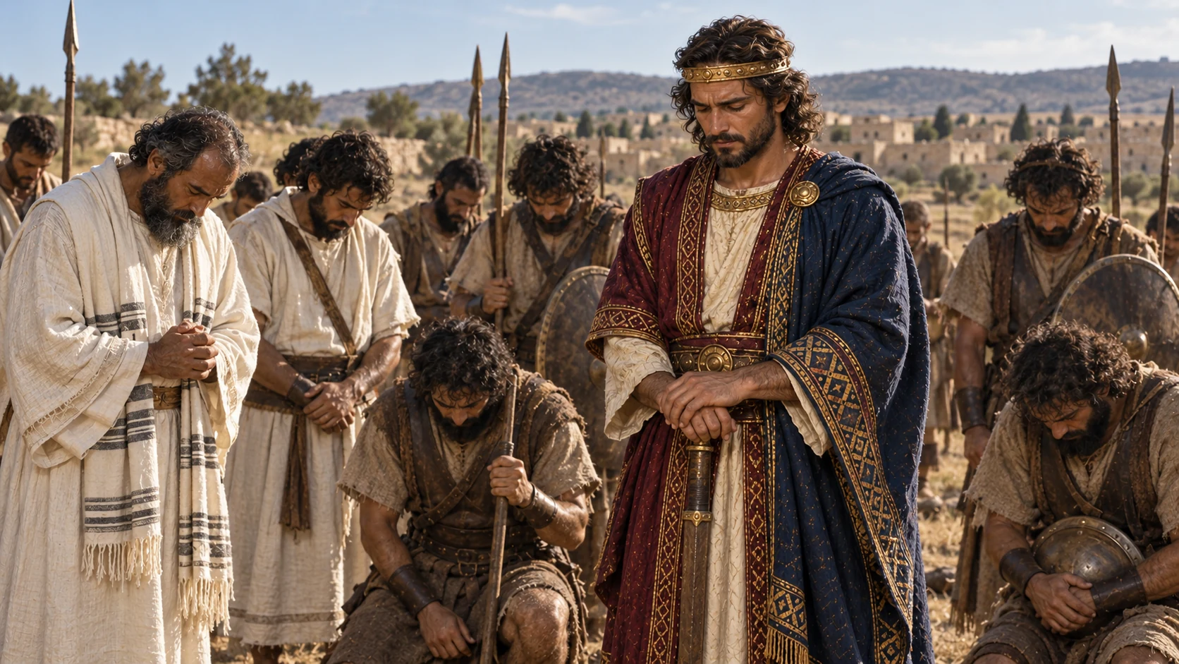Abijah, priests, and exhausted soldiers bow in gratitude after prevailing through reliance on Yahweh.