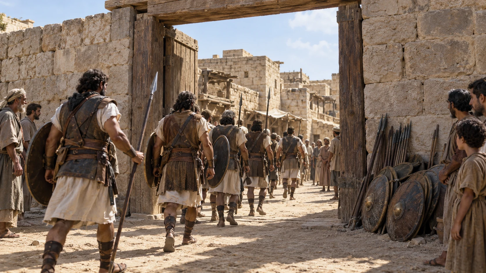 Judah’s troops enter a captured town on the pursuit beyond the battlefield.