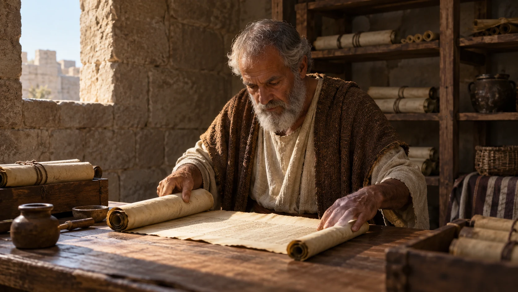 An archivist’s scrolls illustrate the account preserving Abijah’s acts, ways, and sayings.