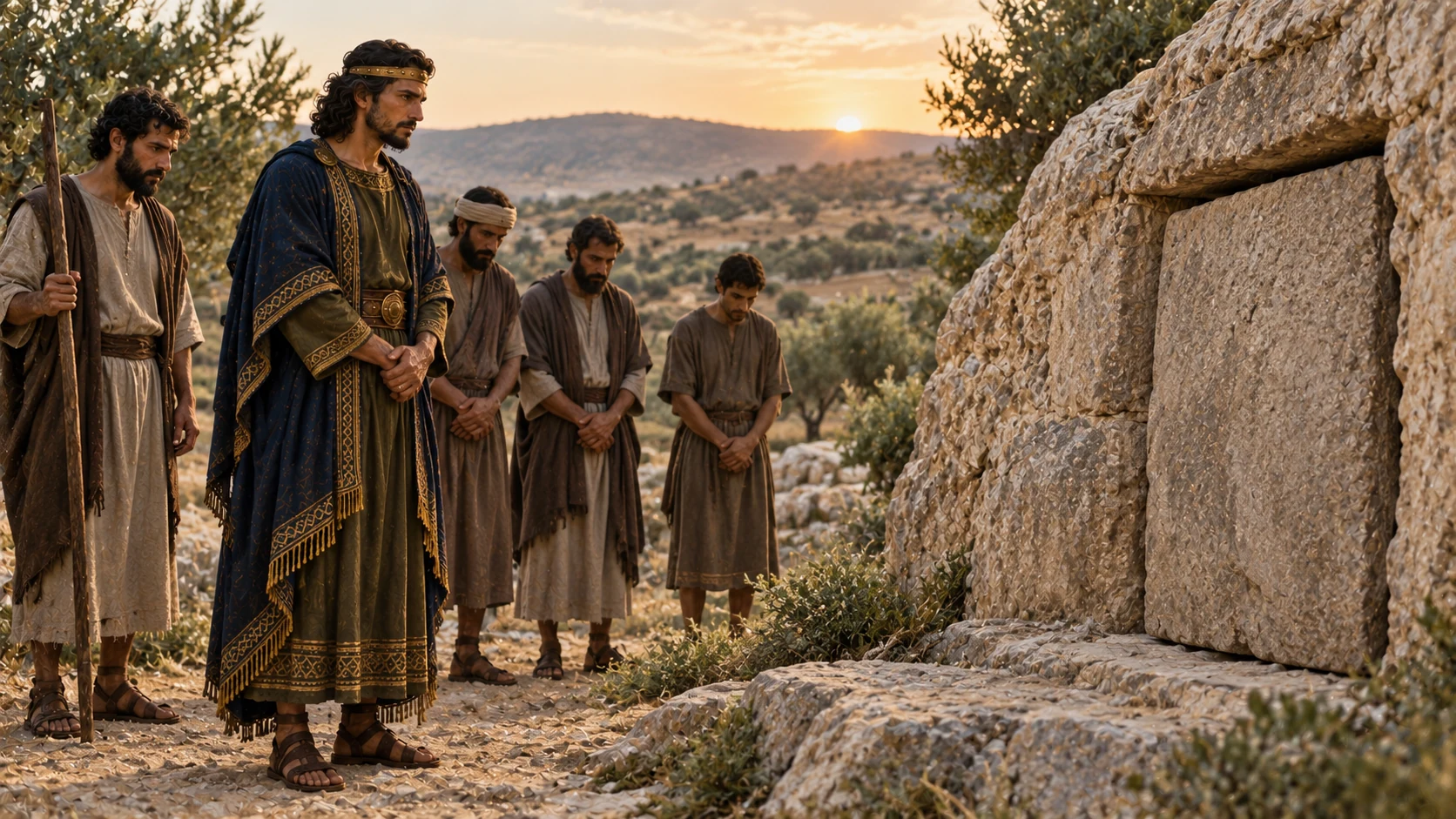 Asa stands crowned beside Abijah’s closed tomb with quiet fields beyond, beginning a reign of rest.