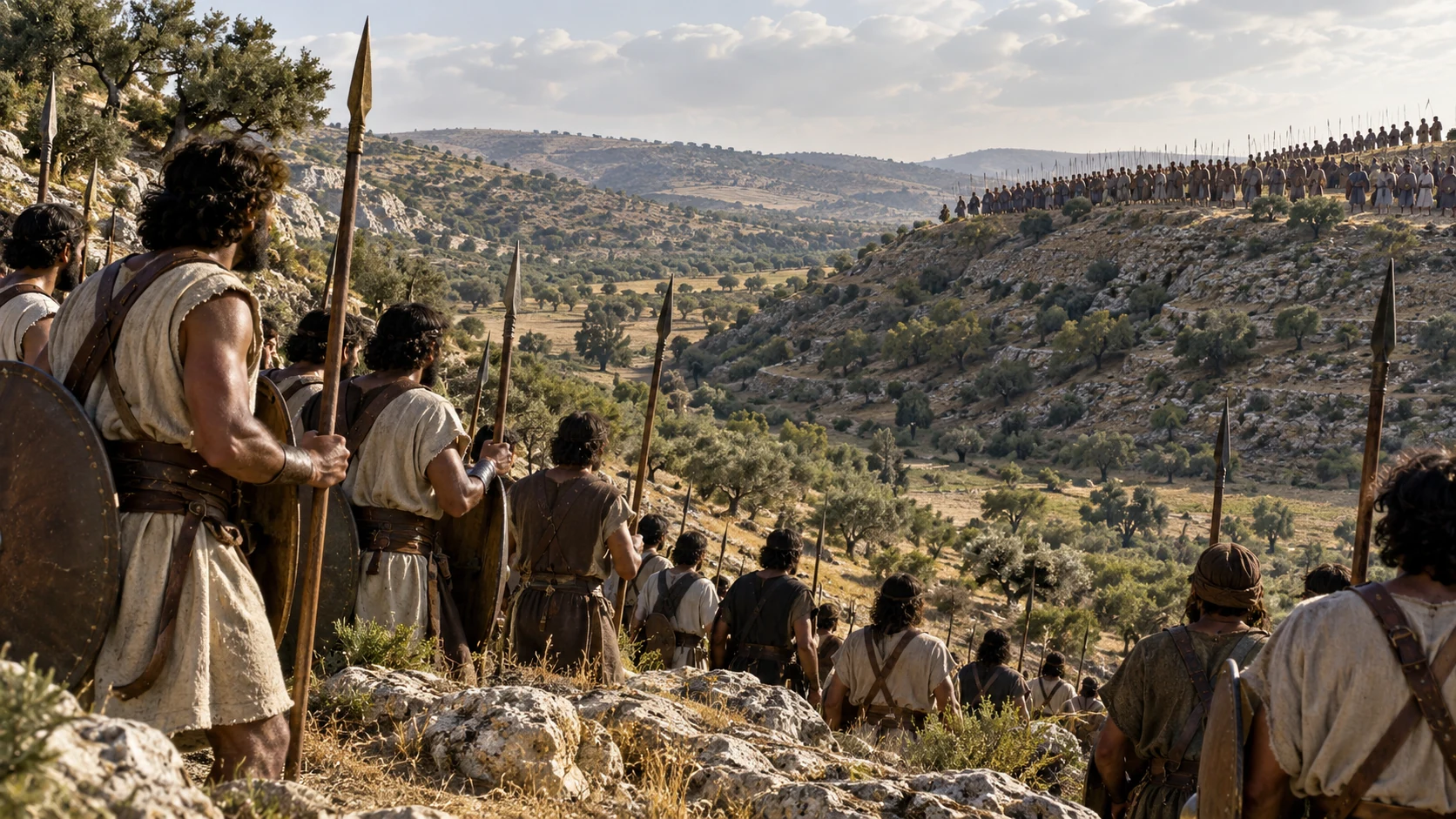 Opposing armies stand across the hill-country valley in representative numbers.