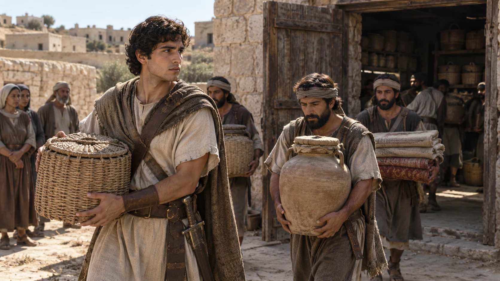 Soldiers carry provisions and textiles from subdued storehouses around Gerar.