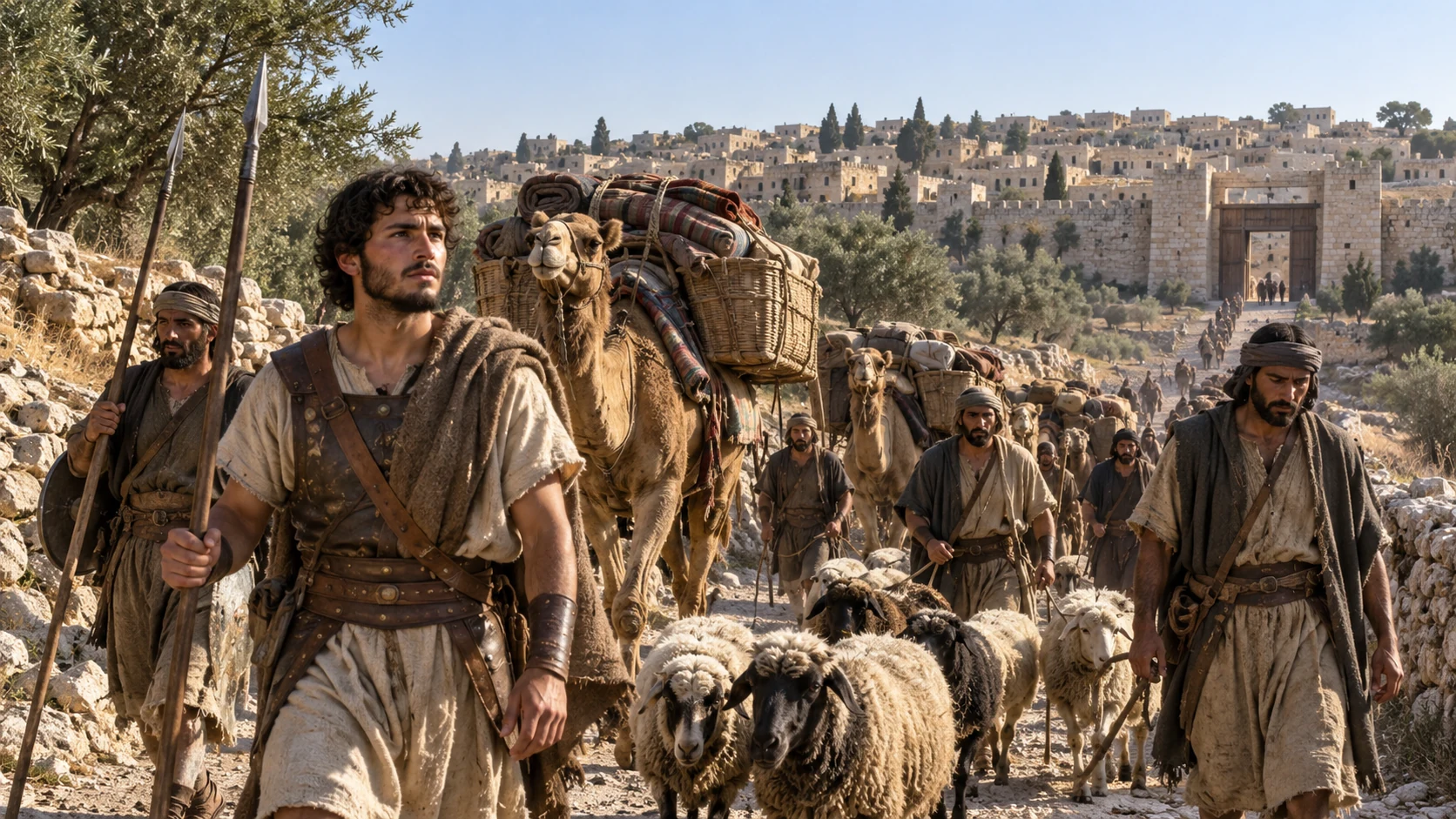 Soldiers and herders return toward Jerusalem with sheep, camels, and covered bundles.