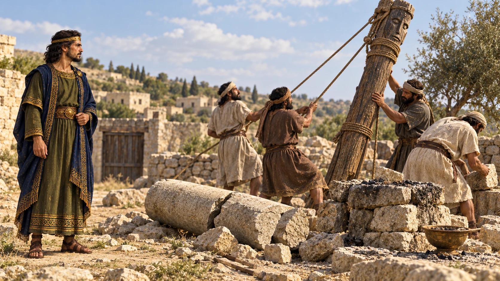 Workers dismantle foreign shrine objects while Asa oversees the reform.