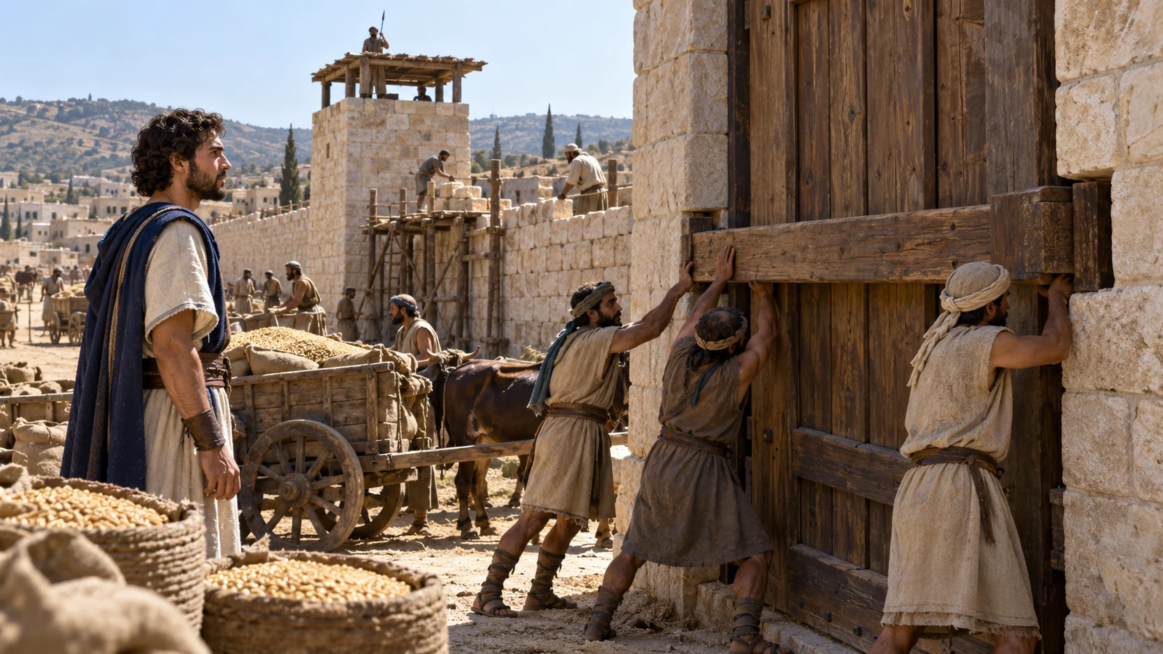 Workers fit timber gate bars and complete the walls as Judah builds and prospers.