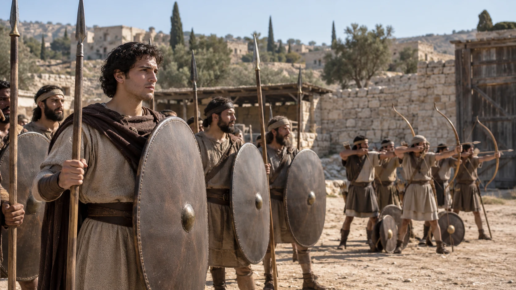 Judah’s shield and spear warriors stand alongside Benjamin’s archers in representative training groups.