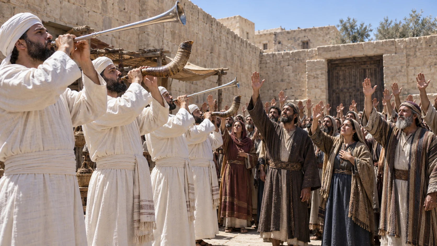The people swear loudly to Yahweh with shouting, trumpets, and horns.