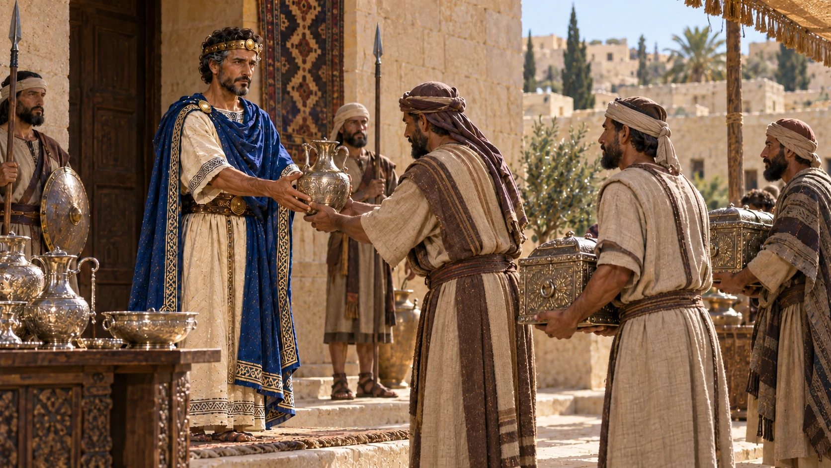 Philistines bring silver tribute, and Arabians bring rams and male goats.