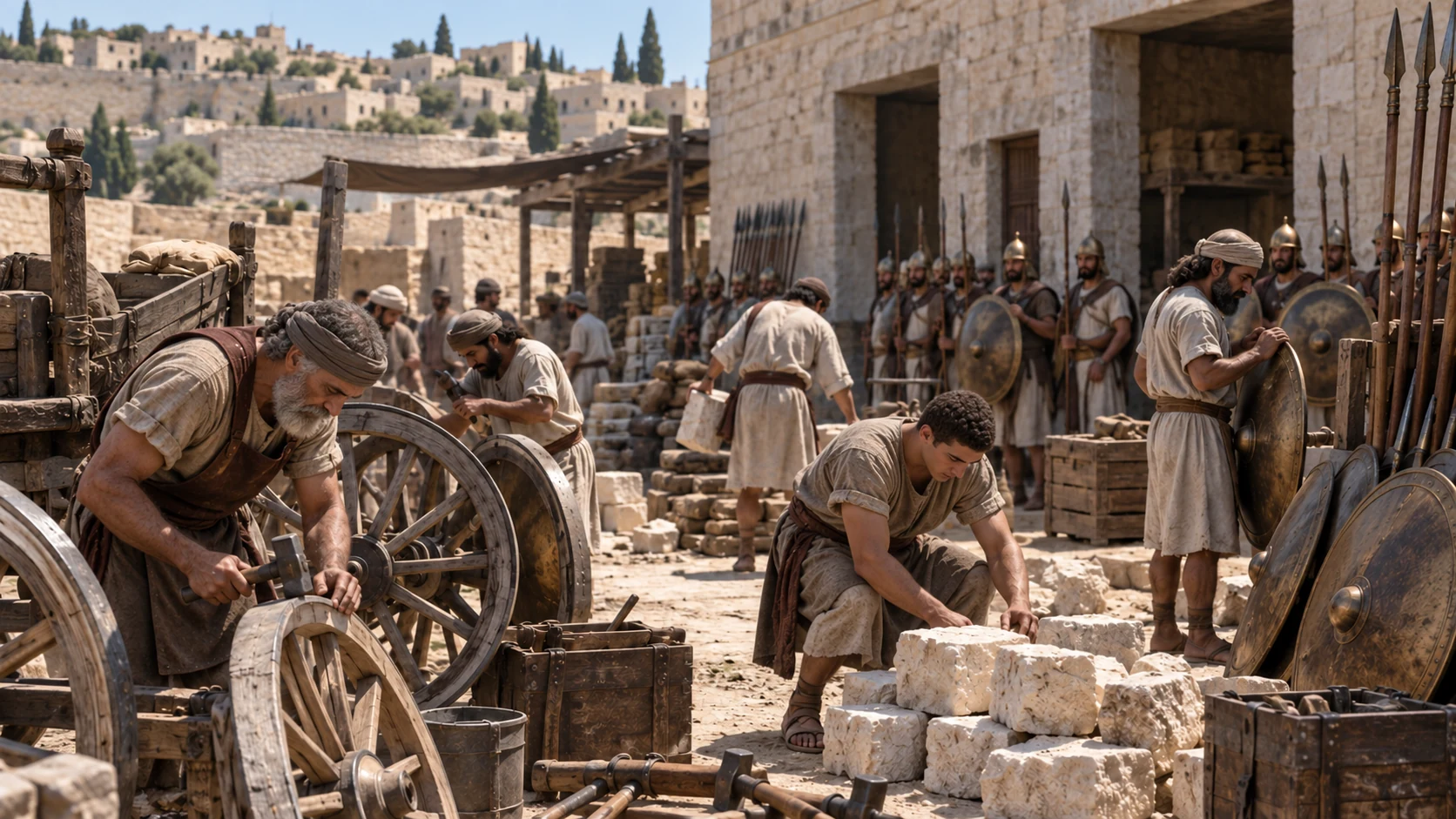 City work expands, and mighty warriors serve in Jerusalem.