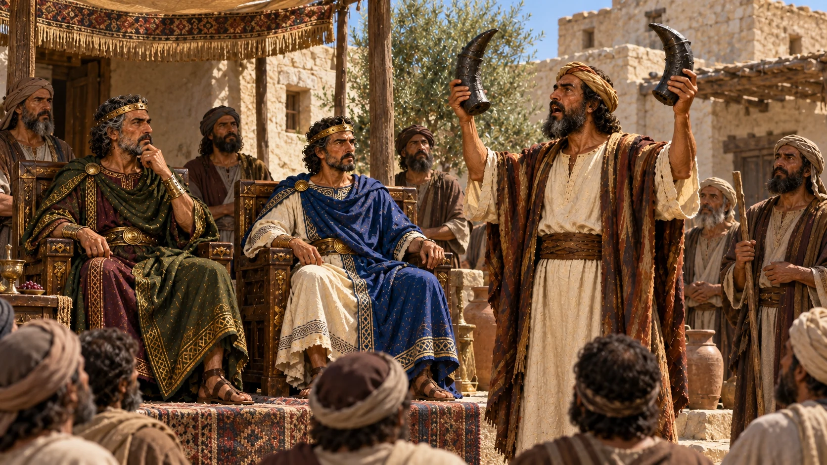 Zedekiah presents iron horns while the prophets promise success.