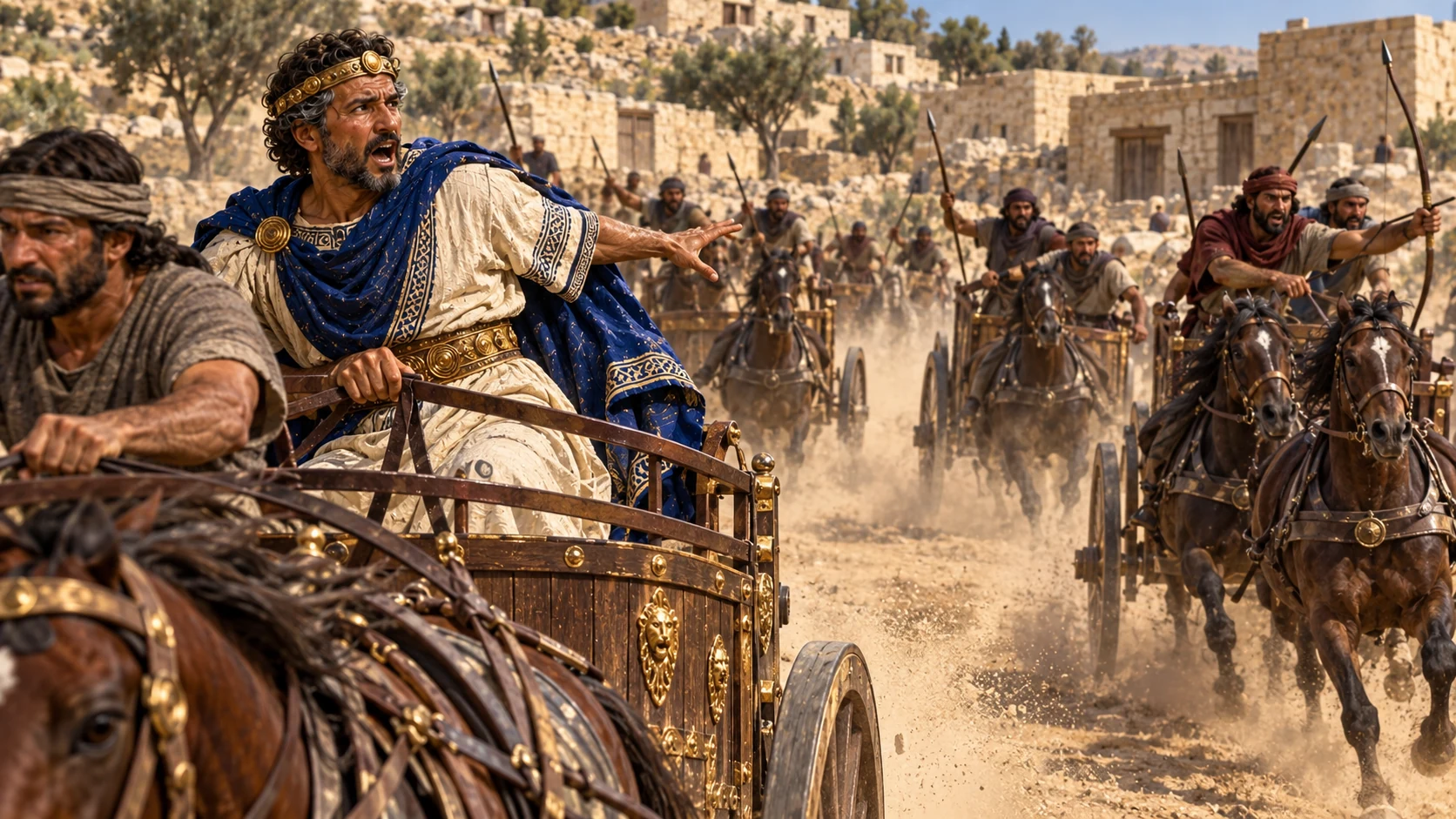 Chariot commanders pursue Jehoshaphat, who cries for help.