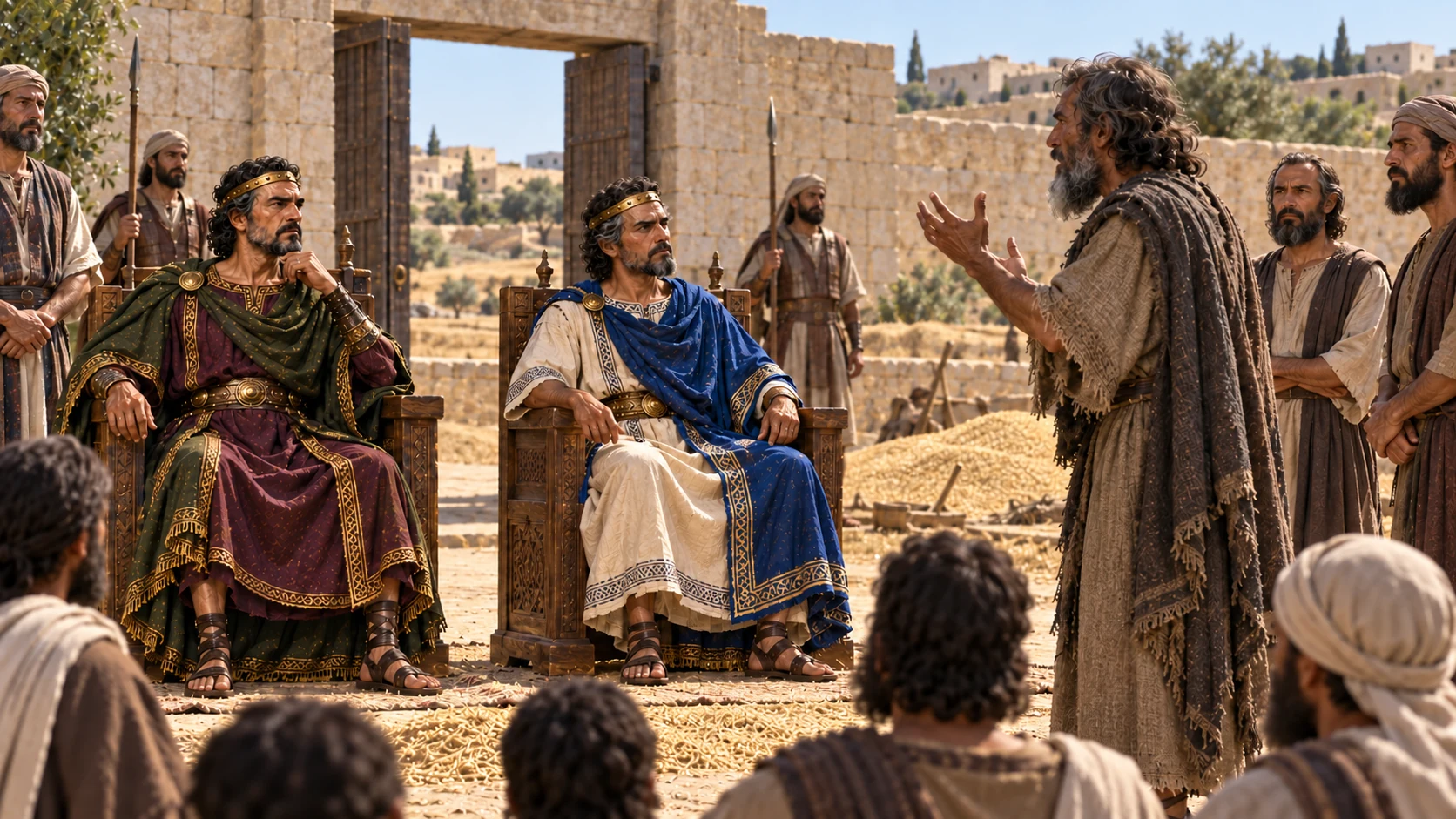 The kings hear the prophets at Samaria’s gate.