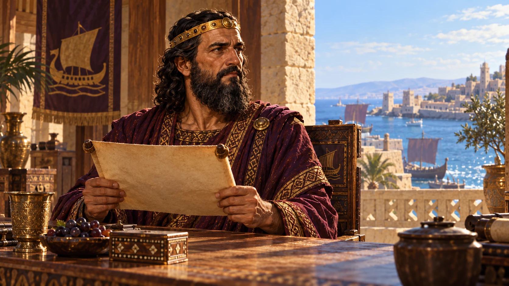 Distinct mature Tyrian king in plum robe and broad circlet reads a scroll in sea-facing cedar chamber; use upper-right Kings reference portrait, no readable generated letters.