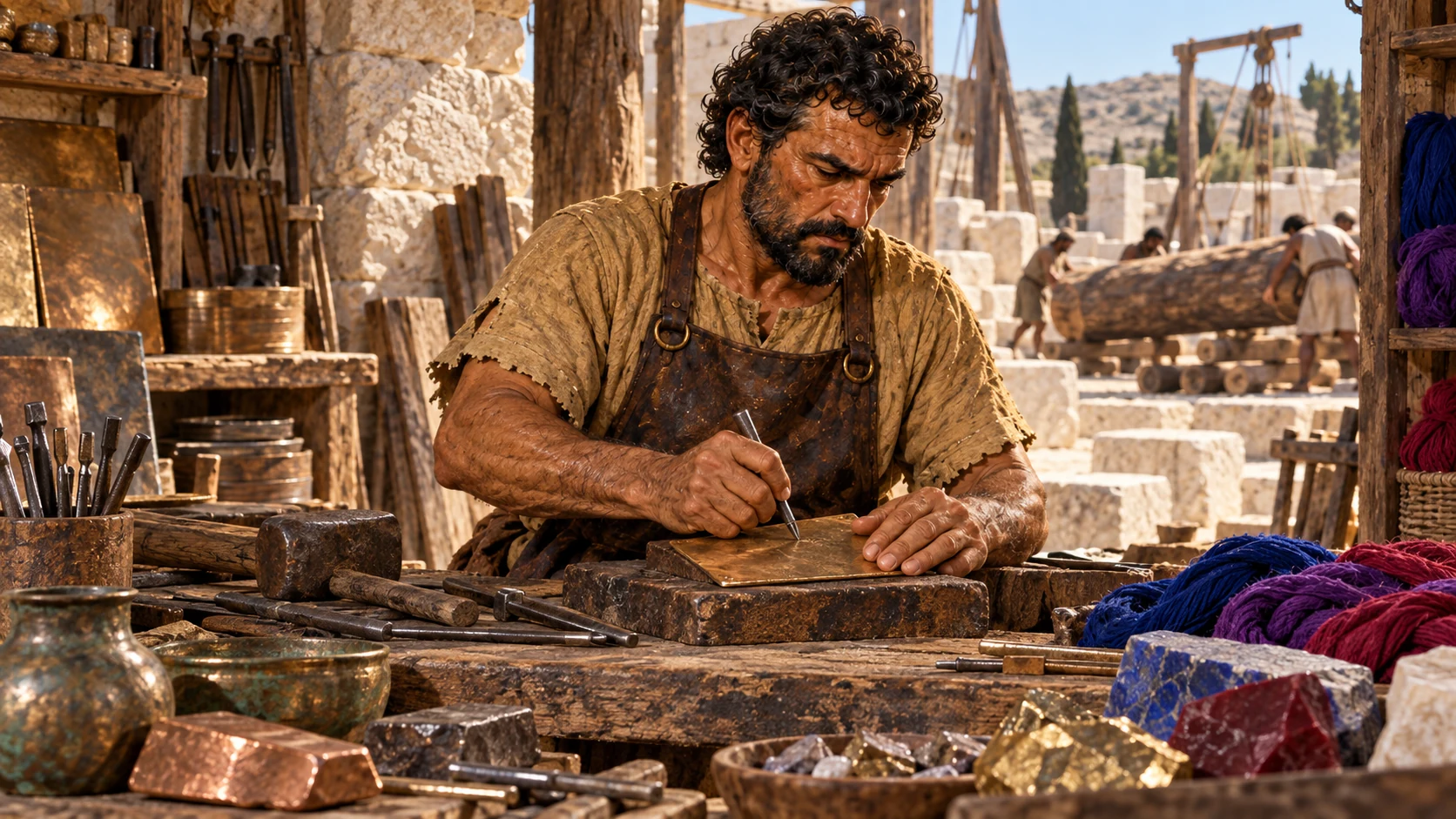 Contextual workshop portrait of dedicated craftsman with engraving tool and diverse raw materials, biography illustration rather than invented temple item completion.