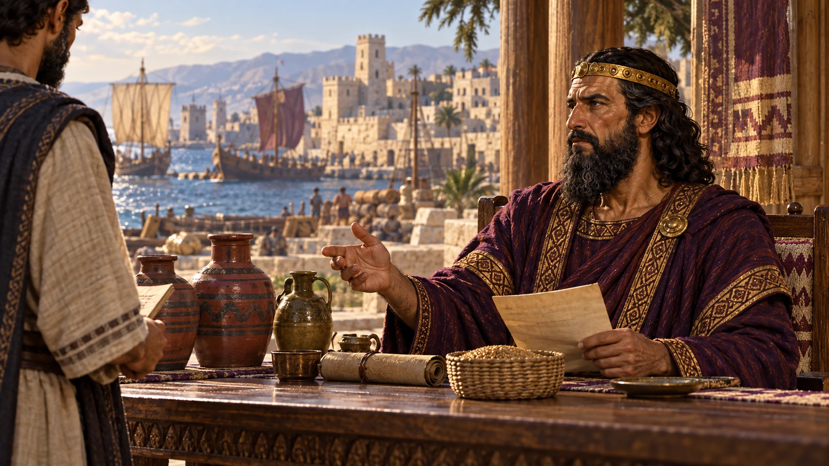 Tyrian king's reply with closed scroll beside grain and ceramic jars as contextual requested provisions; no completed trade asserted.