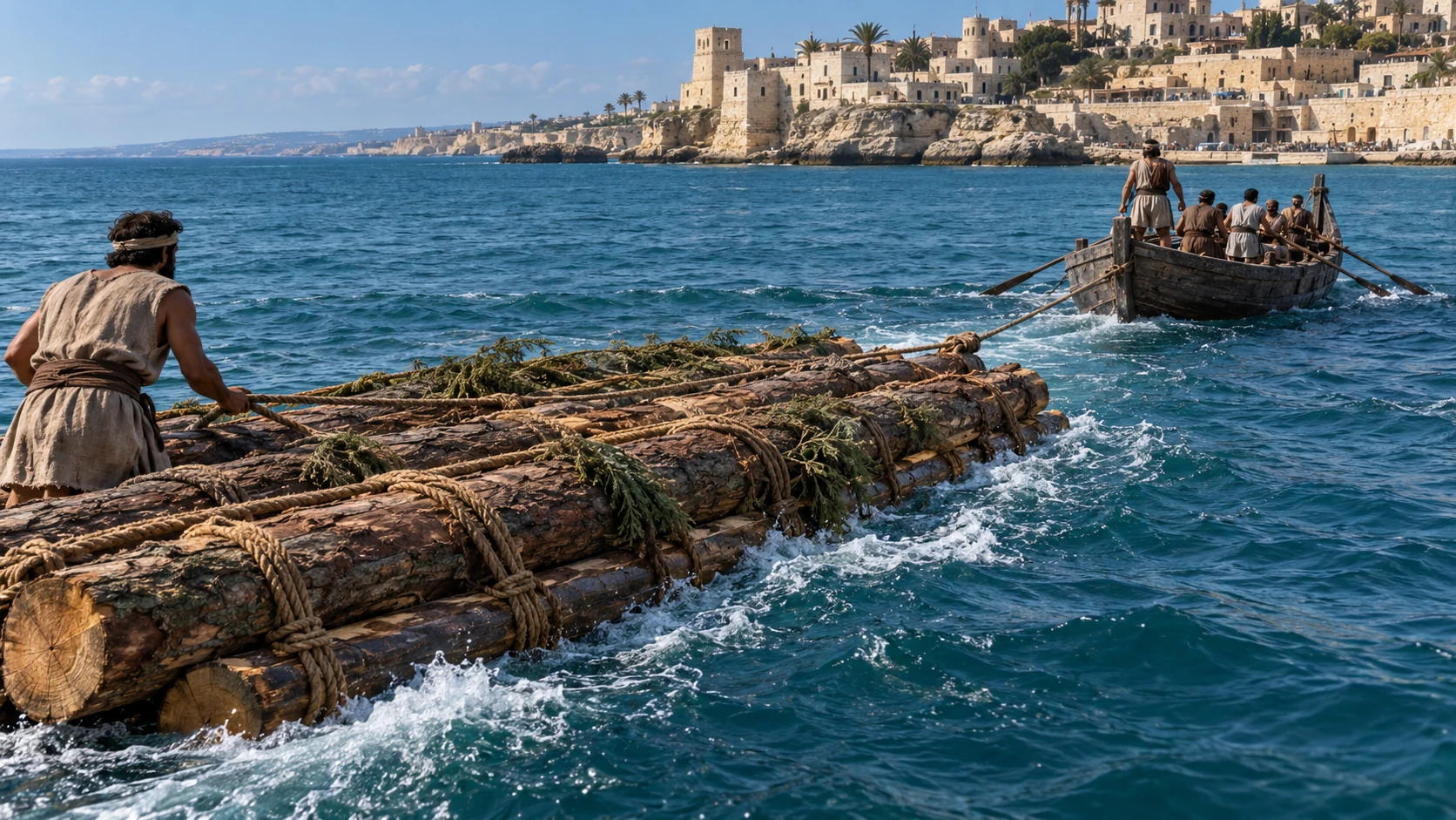 Clearly contextual illustration of promised timber route: cedar raft under tow near Levantine coast, Joppa shore beyond; accompanying guide identifies future route described in letter.