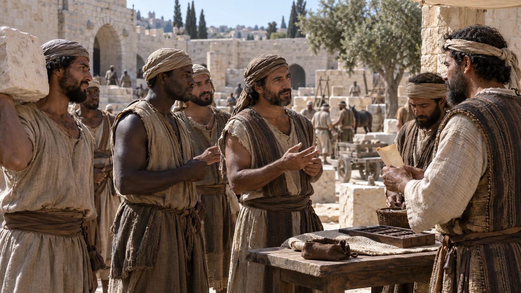 Dignified workers meeting census stewards in Jerusalem courtyard, diverse natural faces, no chained captives or invented readable census list.