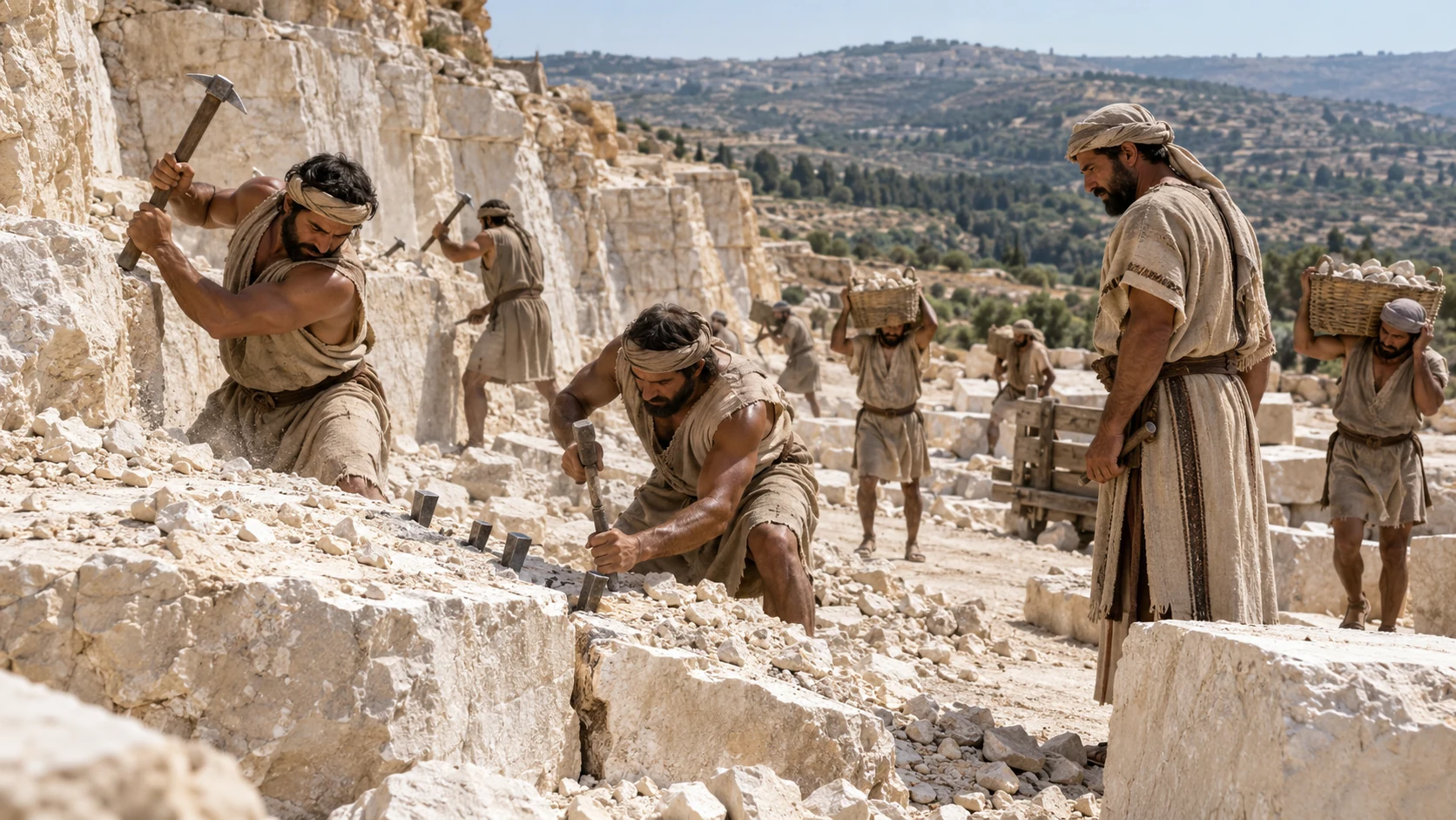 Ground-level active limestone quarry: stonecutters work with ancient tools, burden-bearers carry materials, overseer checks activity; distinct scale and physical state from opening muster.