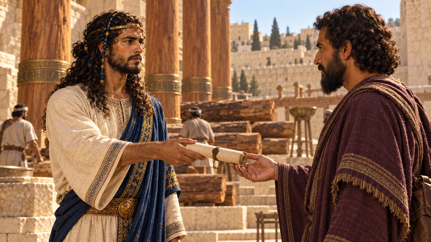 Builder Solomon hands a closed message scroll to an uncrowned Tyrian envoy; David is not present.
