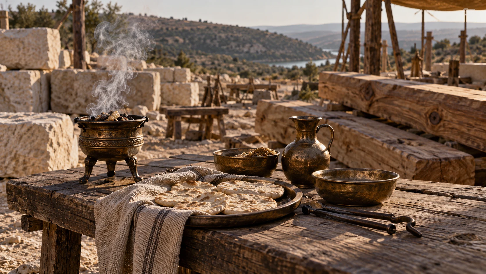 Contextual insert of incense, bread and offering utensils beside unworked materials, illustrating intended worship rather than a completed temple service.
