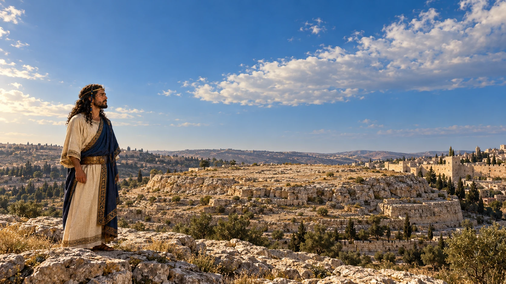 Small solitary builder Solomon beneath an expansive sky at the rocky unbuilt site; no enormous person or divine face in sky.