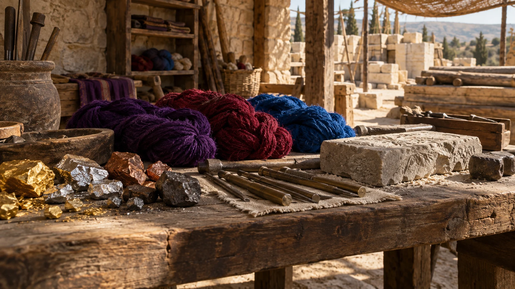 Contextual workbench of raw gold, silver, bronze, iron, dyed wool and engraving tools, no finished temple treasure or invented artisan attendance.