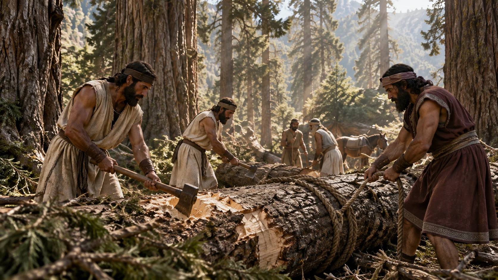 Contextual Lebanon cedar forest and representative timber-cutting teams, emphasizing requested supply rather than asserting its delivery already occurred.