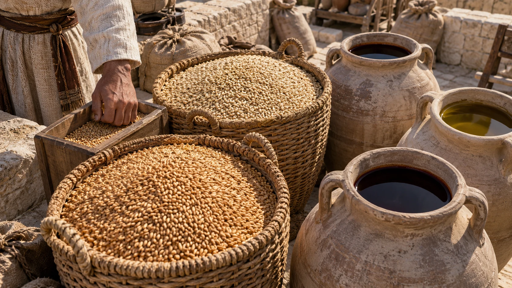 Close materials view of grain baskets, wine and oil jars in an ancient provisioning yard; no invented named recipient.