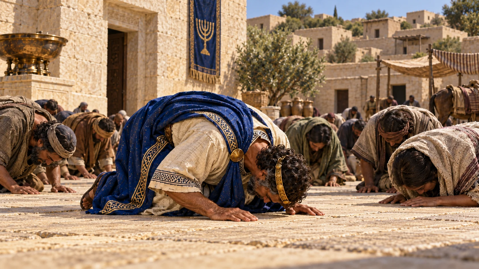 Jehoshaphat and the people bow in worship.