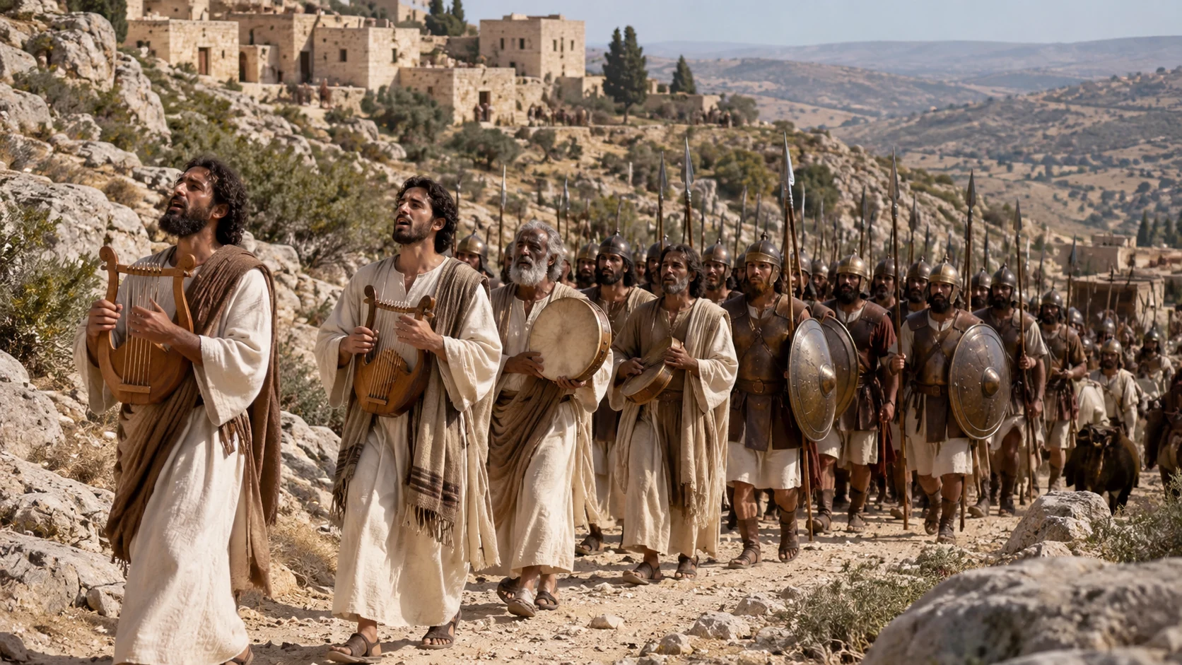 Singers praise Yahweh ahead of Judah’s troops.