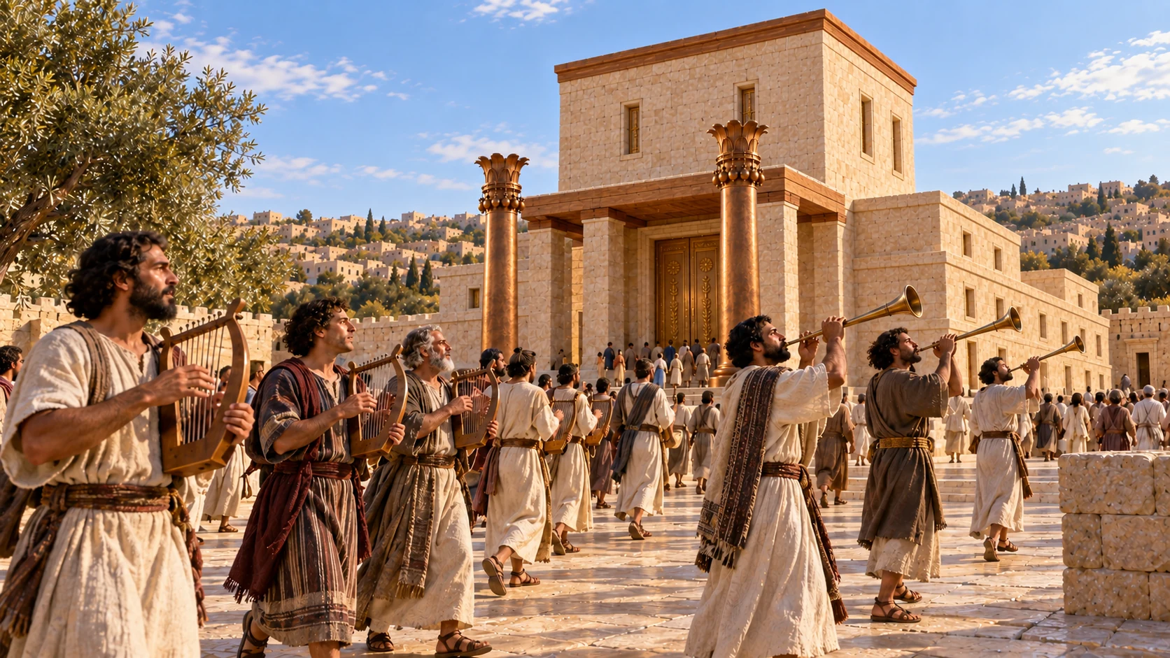 The people return with harps, lyres, and trumpets.
