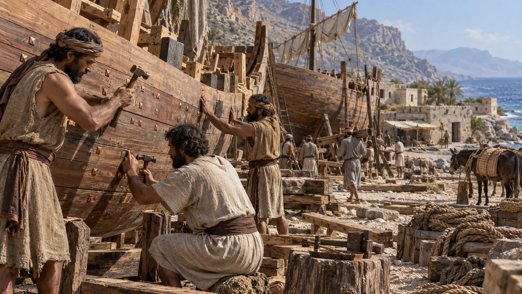 Workers build ships for the kings’ joint enterprise.
