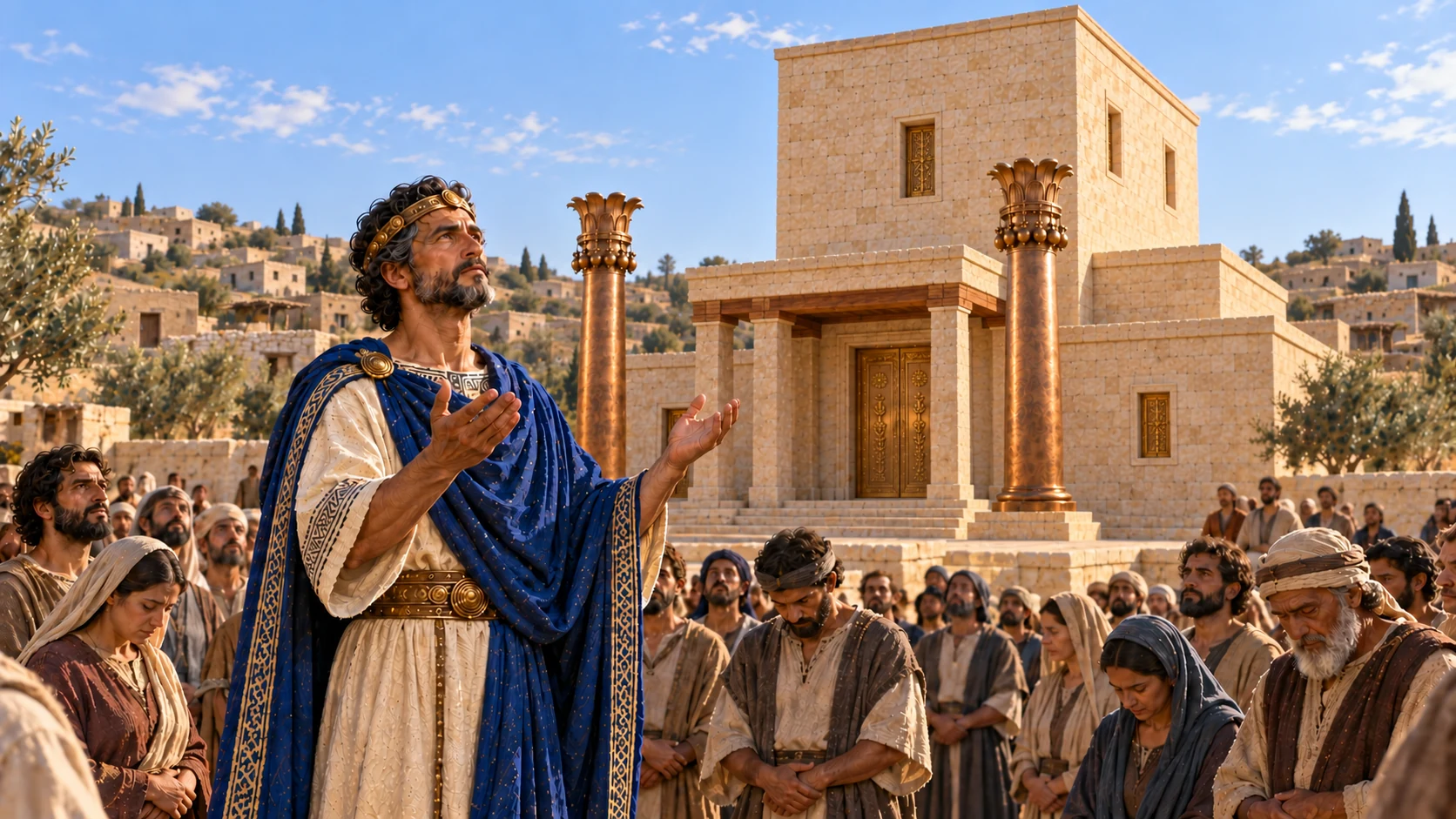 Jehoshaphat prays before the temple assembly.