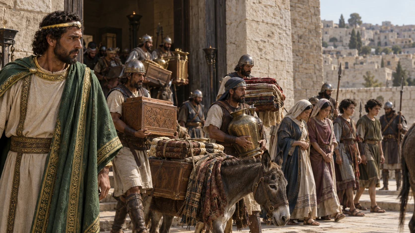 Invaders take palace possessions, wives, and sons away.