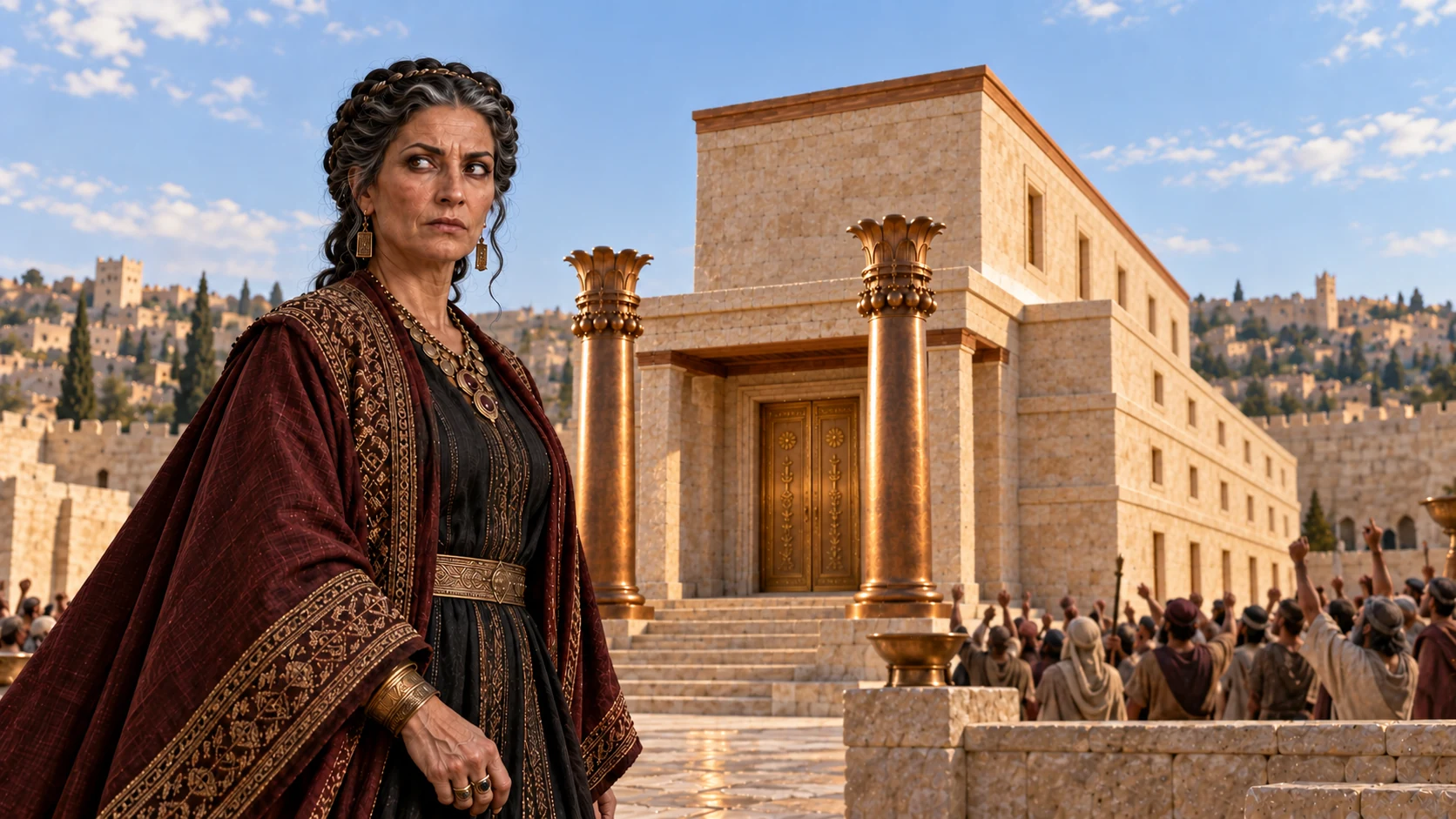 Athaliah follows the sound of people praising the king.