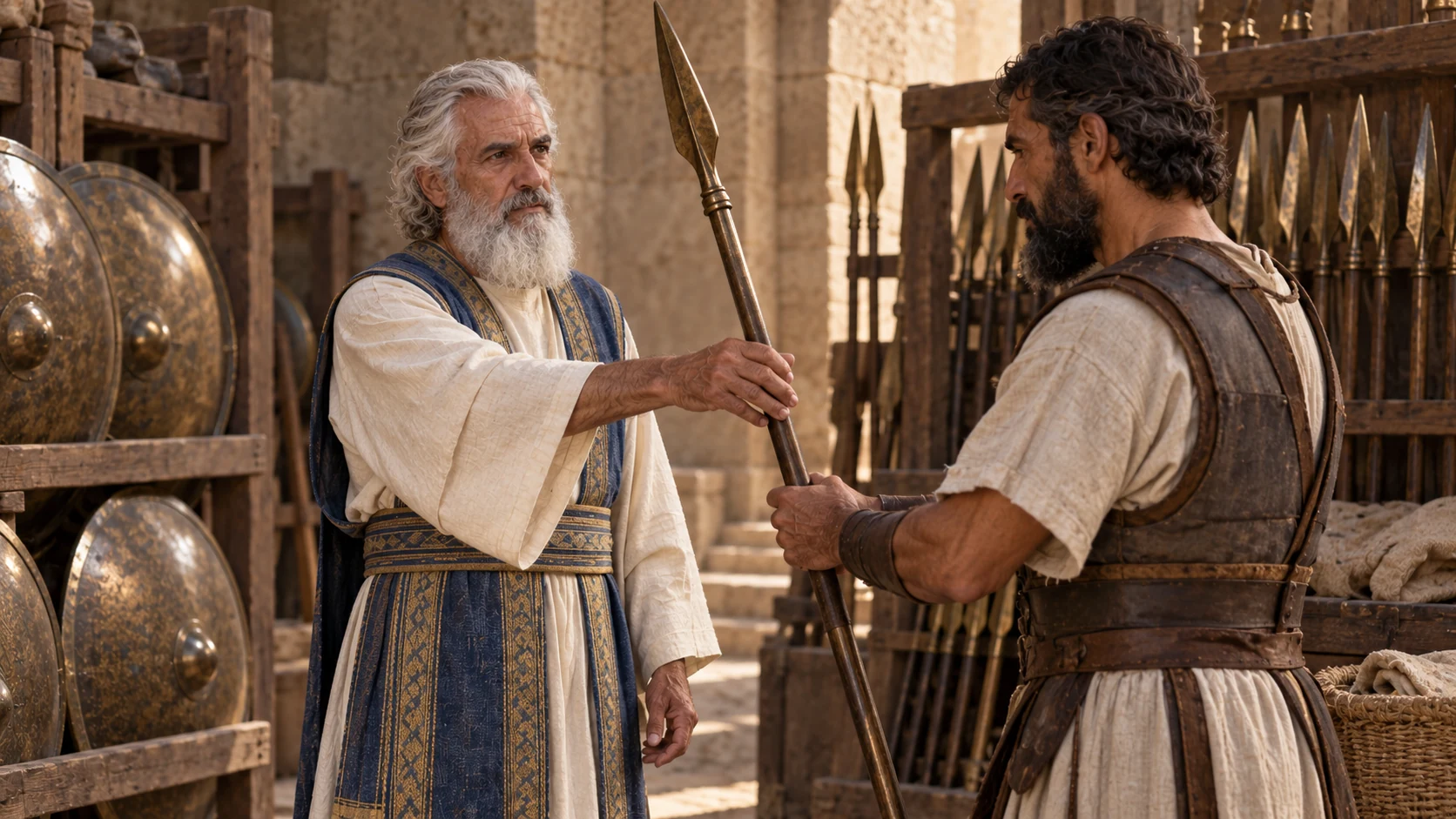 Jehoiada gives David’s stored weapons to the commanders.
