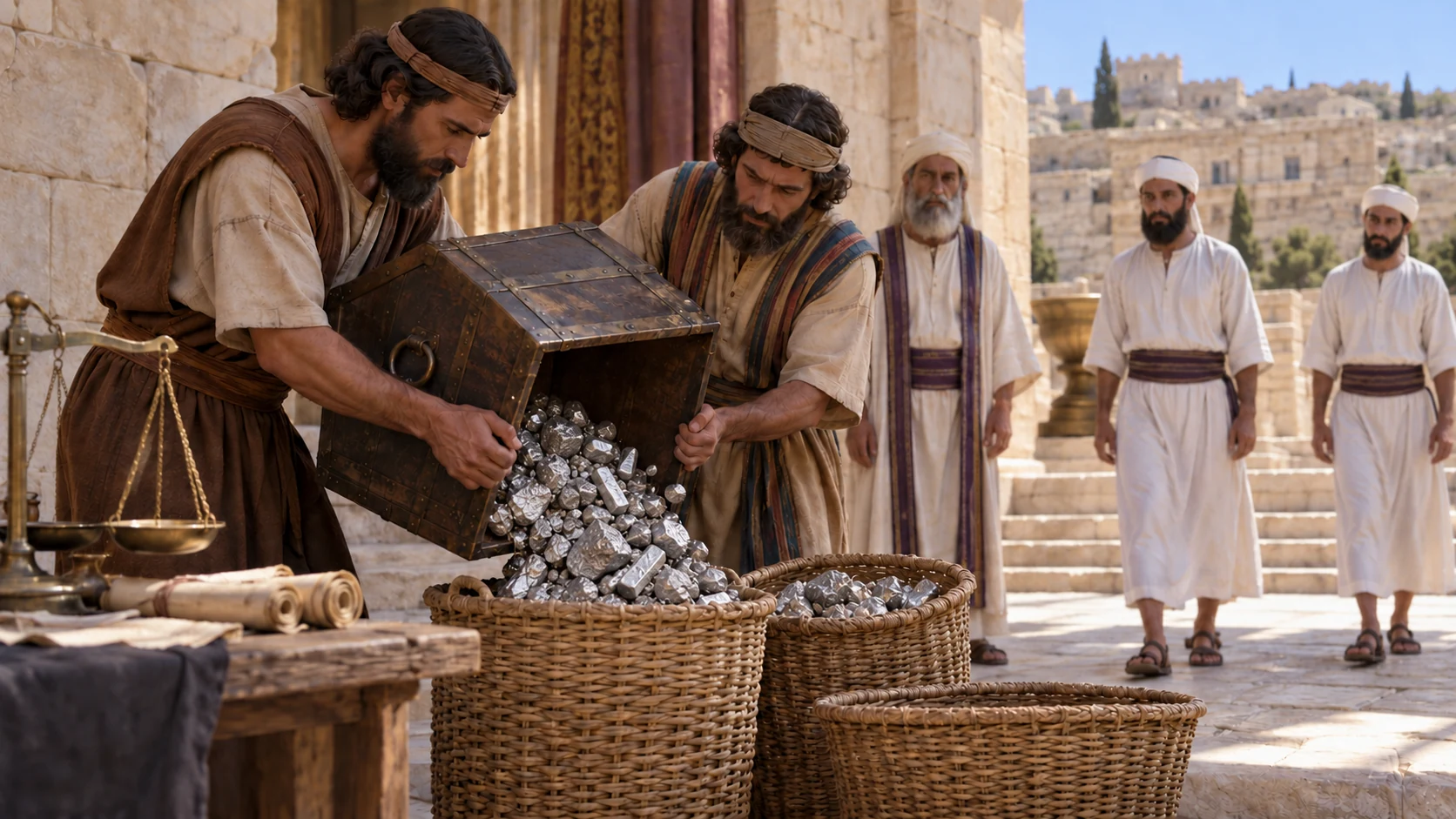 The scribe and priest’s officer count the gathered silver.