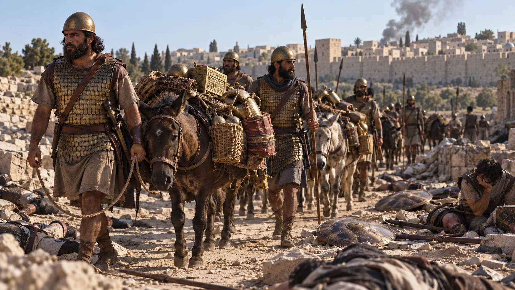Aram defeats Judah and carries spoil to Damascus.