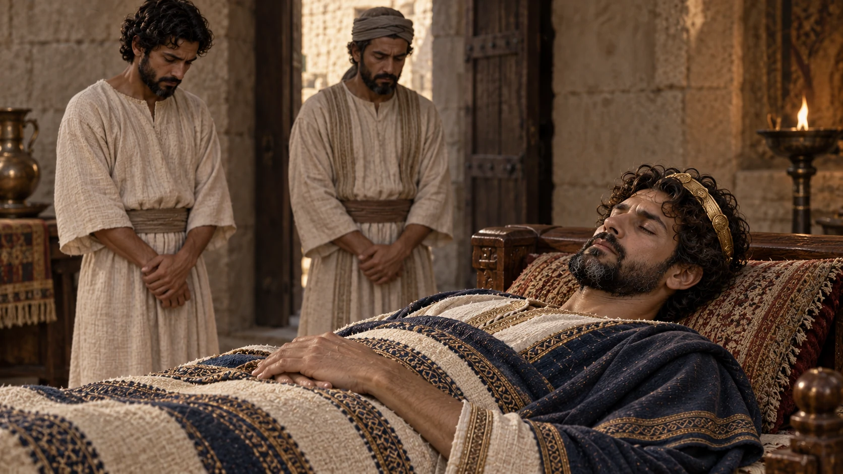 Servants conspire, kill Joash on his bed, and bury him elsewhere.