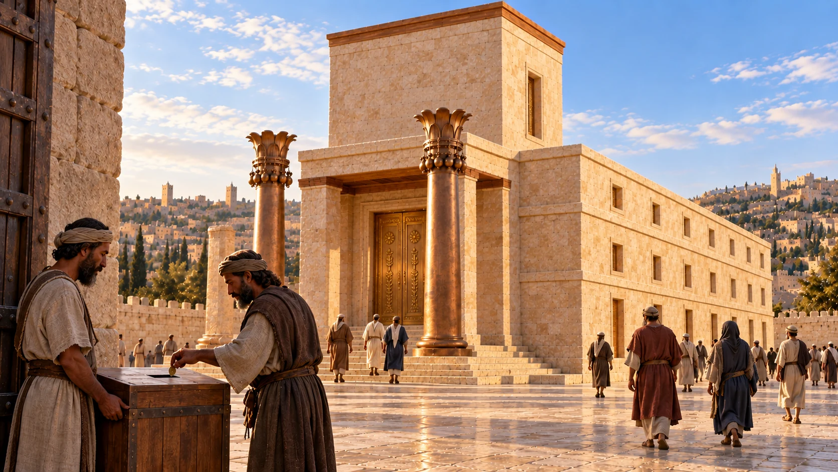 Workers place the collection chest outside the temple gate.