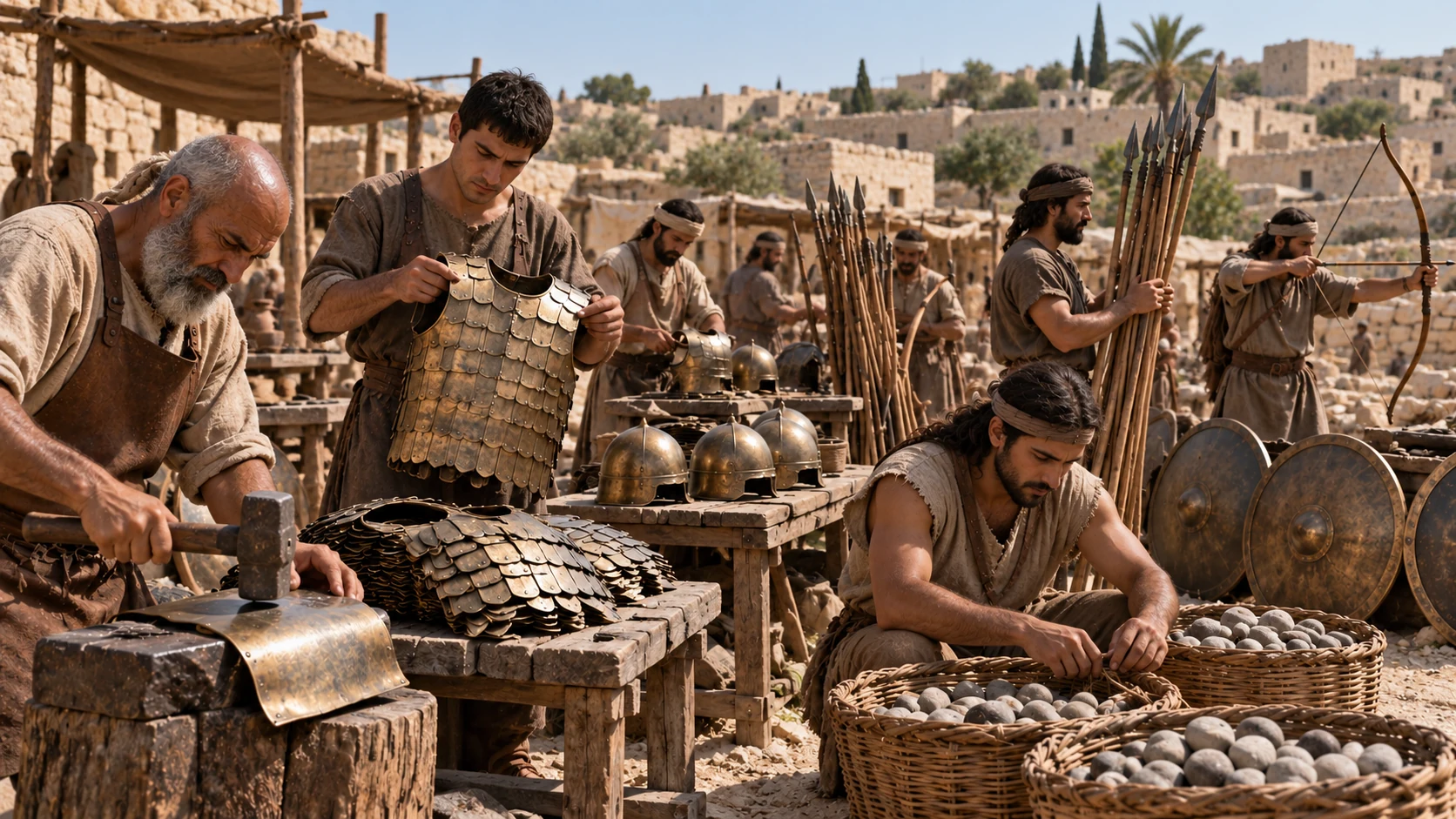 Uzziah equips his army with armor, weapons, and slingstones.