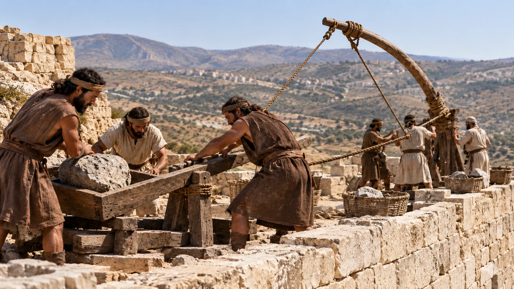 Skillful men build devices for arrows and large stones.