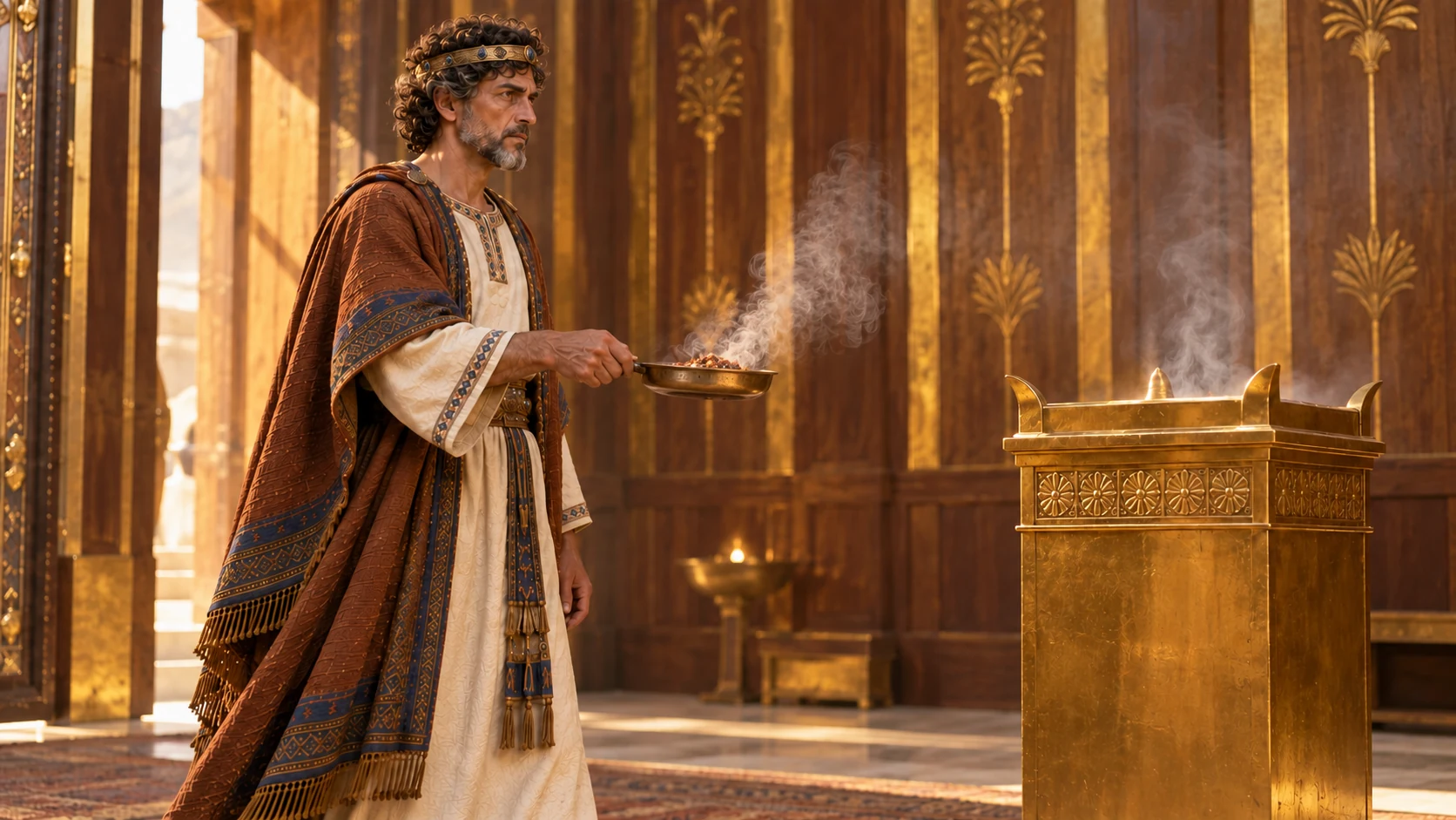 Uzziah enters the temple to burn incense after becoming proud.