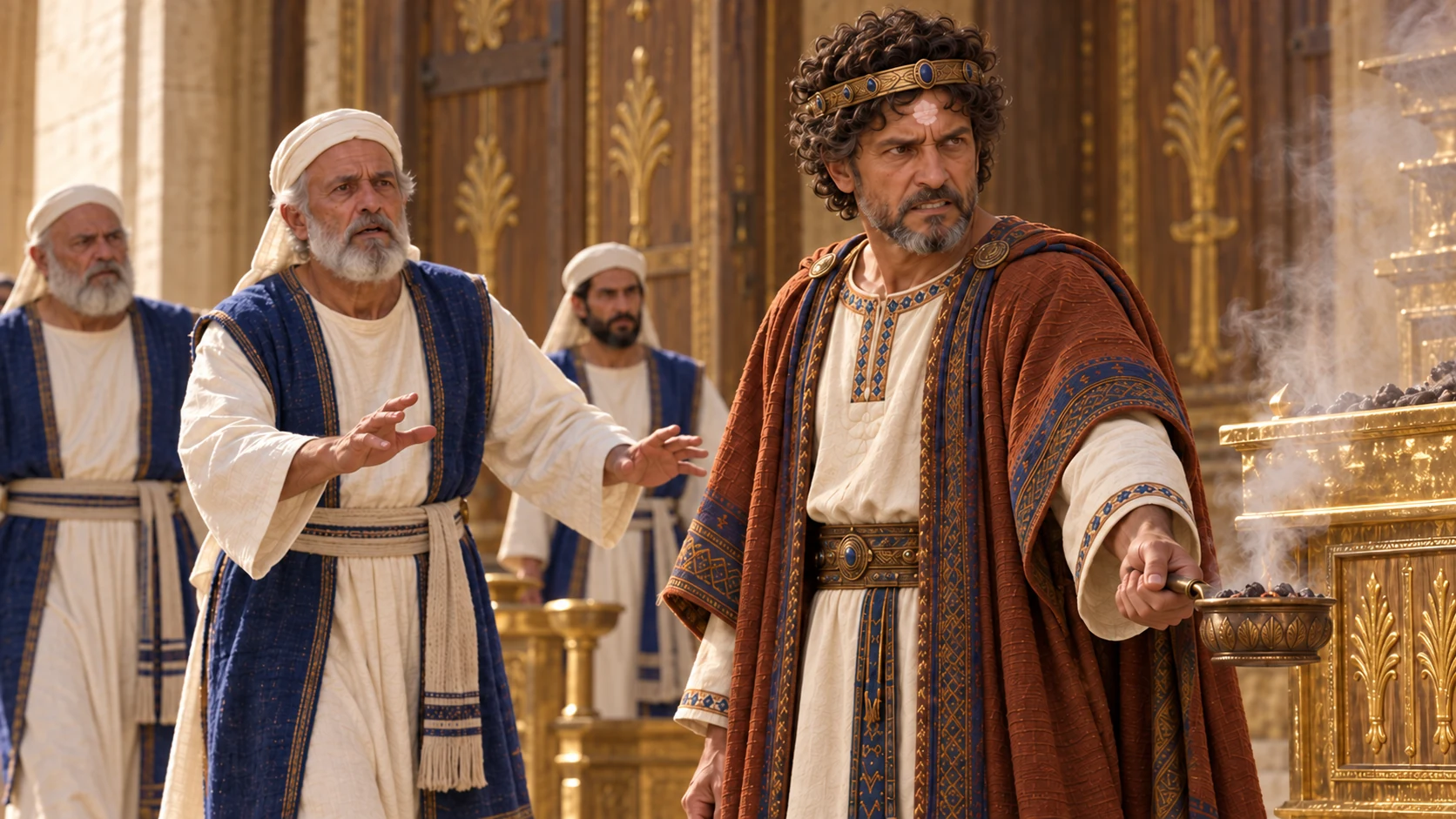 Uzziah grows angry and leprosy appears on his forehead.