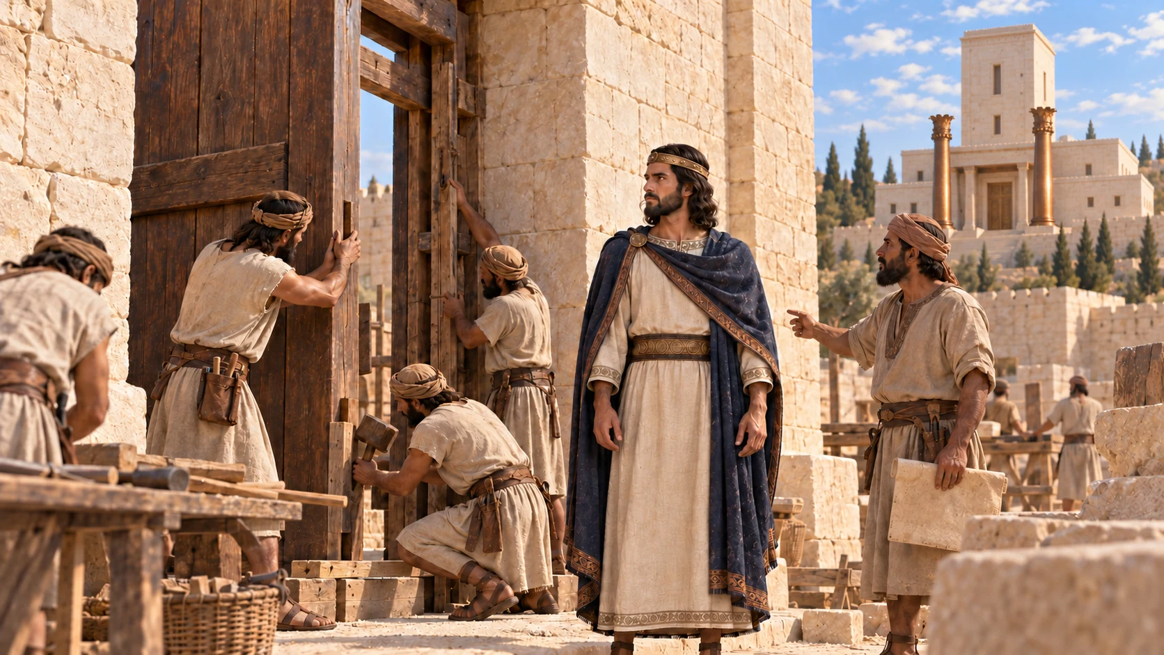 Jotham builds the upper gate of the temple and the Ophel wall.