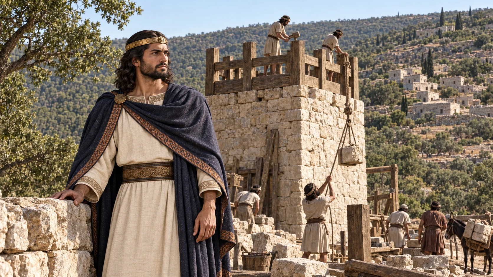 Jotham builds cities, fortresses, and towers throughout Judah.