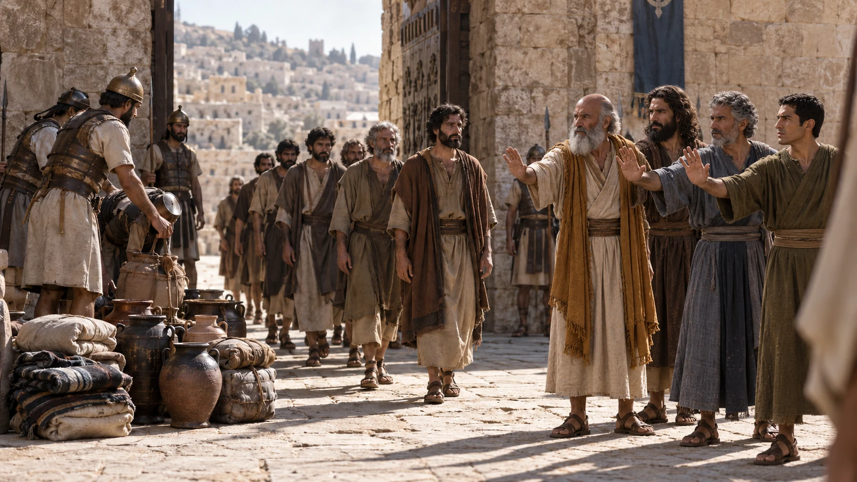 The soldiers leave the captives and spoil before the assembly.