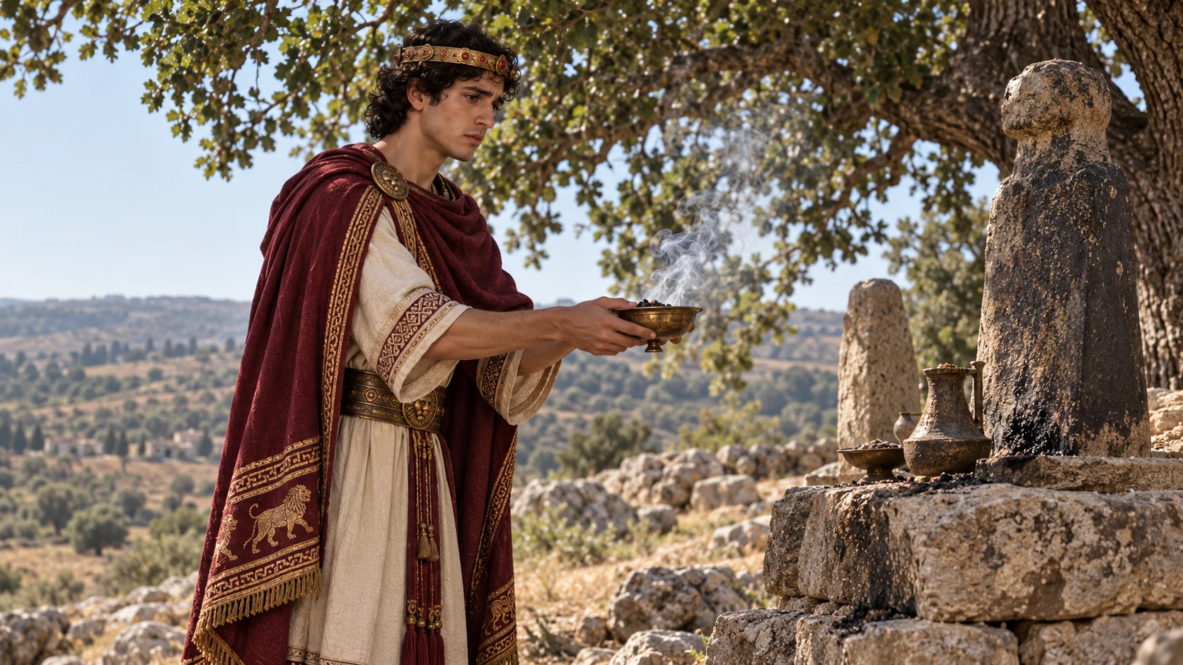 Ahaz burns incense at high places, hills, and green trees.